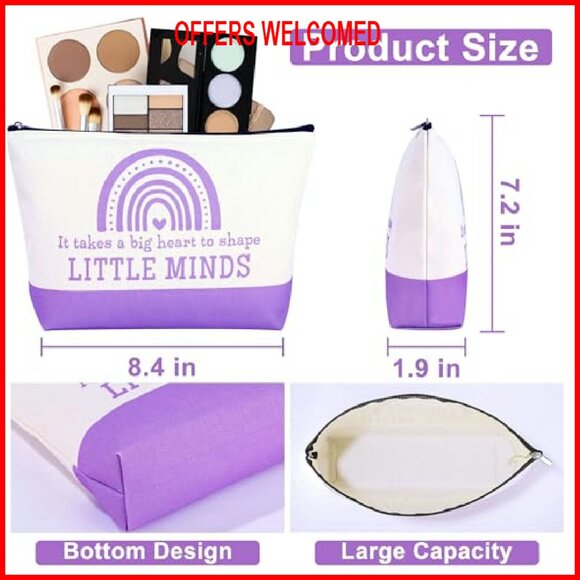 Large Cotton Canvas Tote Bag with Makeup Case, Perfect for Teachers & Daily Use - Picture 4 of 8